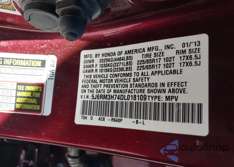 2013 Honda Cr-V Ex-L z USA, uszkodzony, nr VIN 5J6RM3H74DL018109